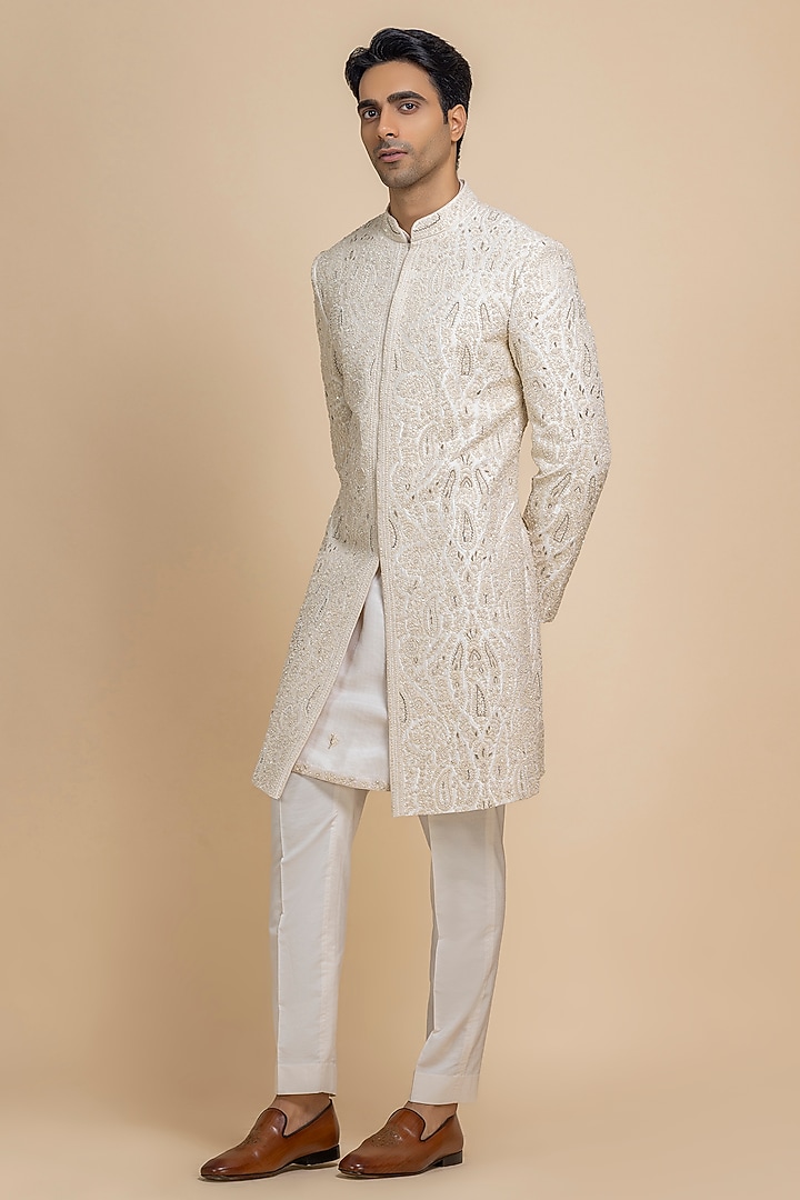 Pearl White Raw Silk Hand Embroidered Groom Sherwani Set by Dolly J MAN at Pernia's Pop Up Shop