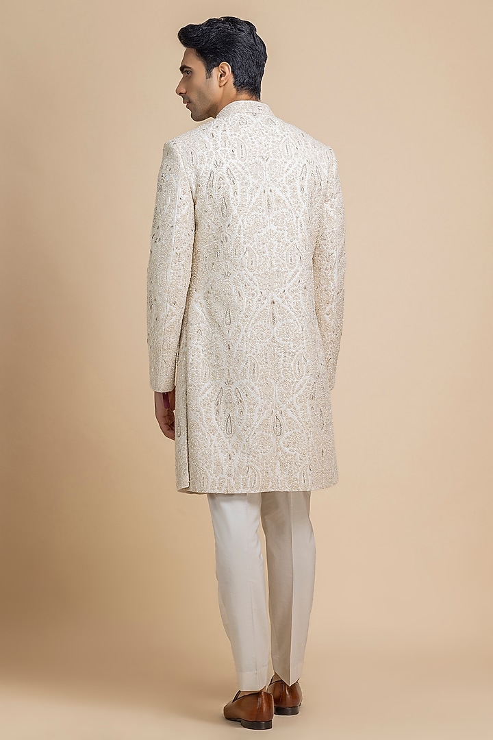 Pearl White Raw Silk Hand Embroidered Groom Sherwani Set by Dolly J MAN at Pernia's Pop Up Shop