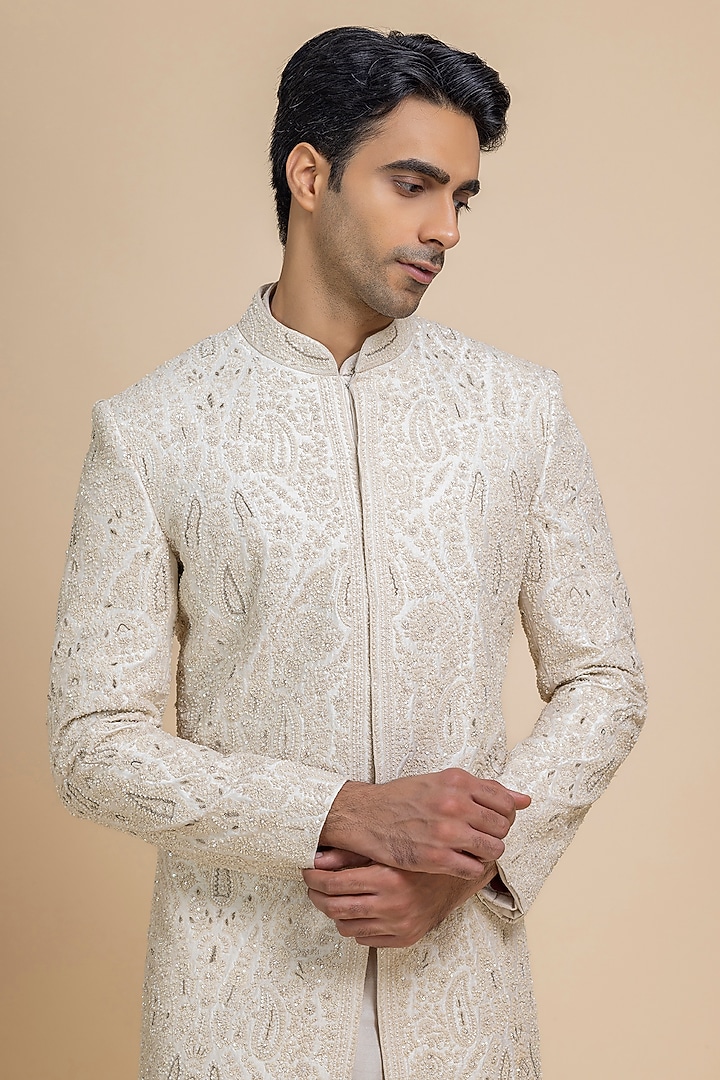 Pearl White Raw Silk Hand Embroidered Groom Sherwani Set by Dolly J MAN at Pernia's Pop Up Shop