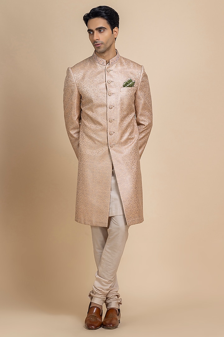 Blush Pink Banarasi Brocade Wedding Sherwani Set by Dolly J MAN at Pernia's Pop Up Shop
