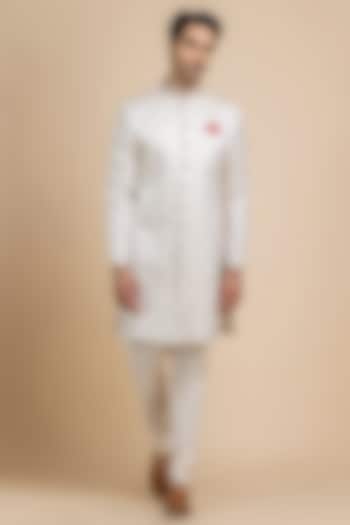 Pearl White Banarasi Brocade Wedding Sherwani Set by Dolly J MAN at Pernia's Pop Up Shop