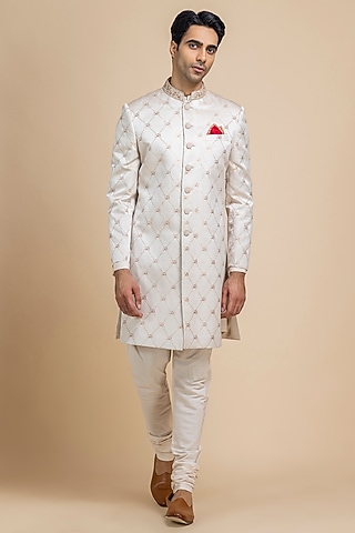 Pearl White Banarasi Brocade Sherwani Set by Dolly J MAN