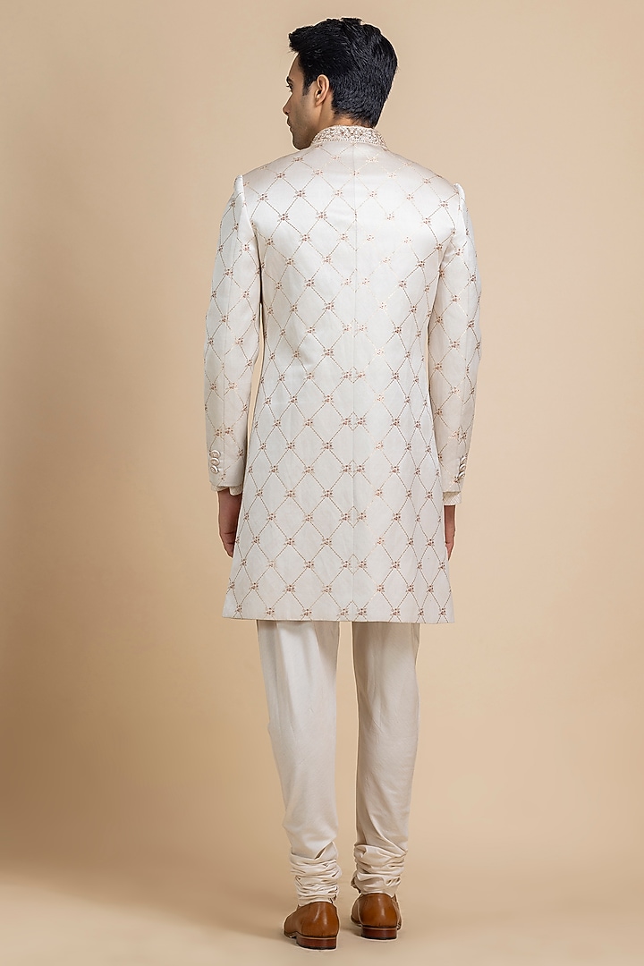 Pearl White Banarasi Brocade Wedding Sherwani Set by Dolly J MAN at Pernia's Pop Up Shop