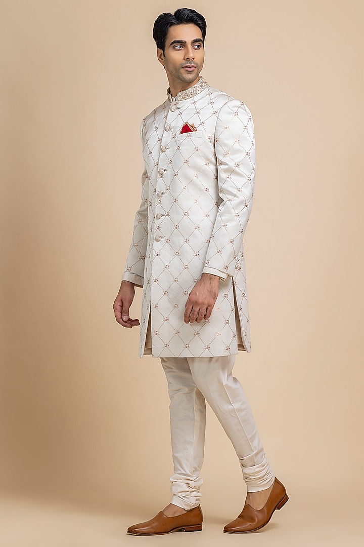 Pearl White Banarasi Brocade Wedding Sherwani Set by Dolly J MAN at Pernia's Pop Up Shop