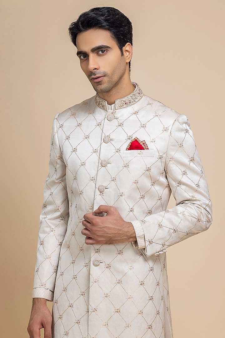 Pearl White Banarasi Brocade Wedding Sherwani Set by Dolly J MAN at Pernia's Pop Up Shop
