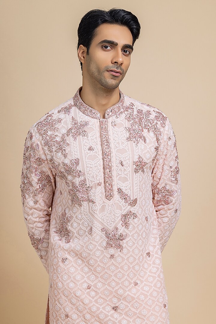 Rose Quartz Chikankari Beadwork Kurta Set by Dolly J MAN at Pernia's Pop Up Shop