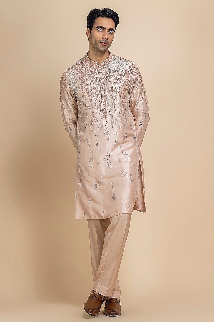 Dusky Rose Raw Silk Embellished Kurta Set by Dolly J MAN at Pernia's Pop Up Shop