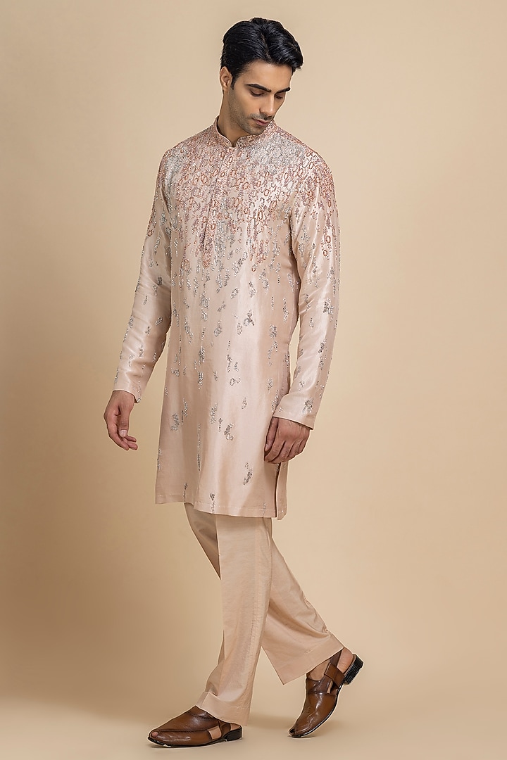 Dusky Rose Raw Silk Embellished Kurta Set by Dolly J MAN at Pernia's Pop Up Shop