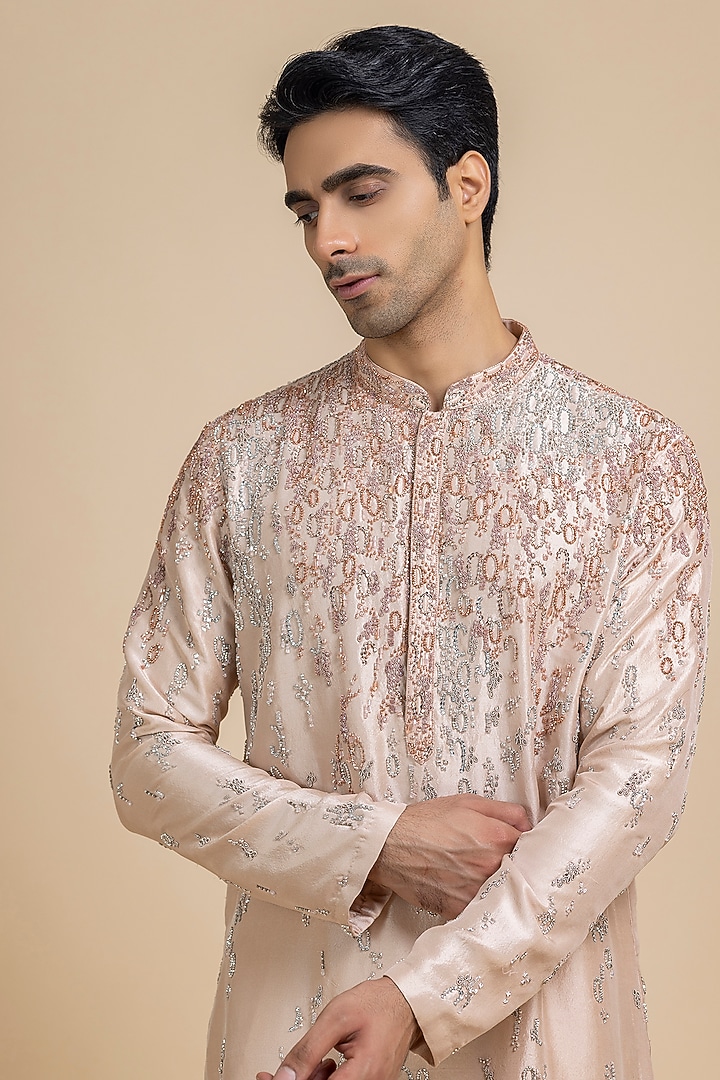Dusky Rose Raw Silk Embellished Kurta Set by Dolly J MAN at Pernia's Pop Up Shop