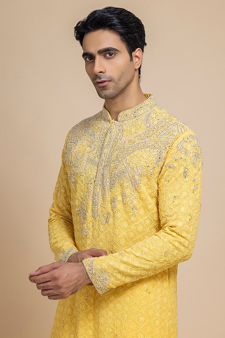 Radiant Yellow Chikankari Embroidered Kurta Set by Dolly J MAN at Pernia's Pop Up Shop