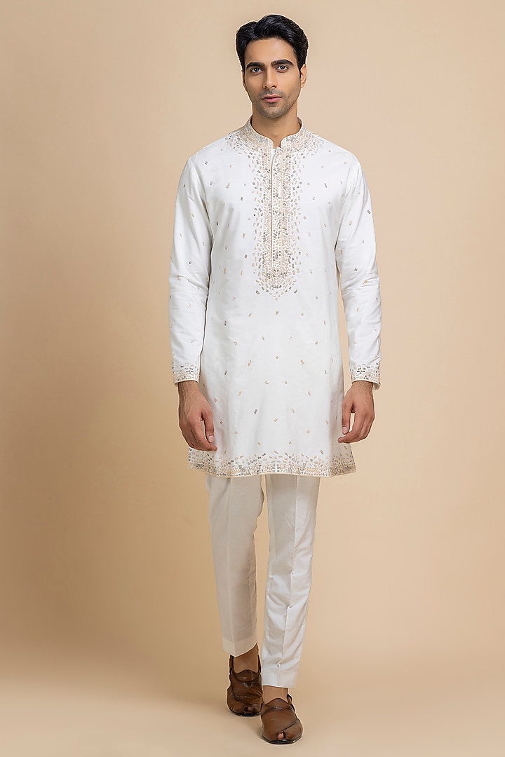 Pearl White Cotton Tonal Embroidered Kurta Set by Dolly J MAN at Pernia's Pop Up Shop