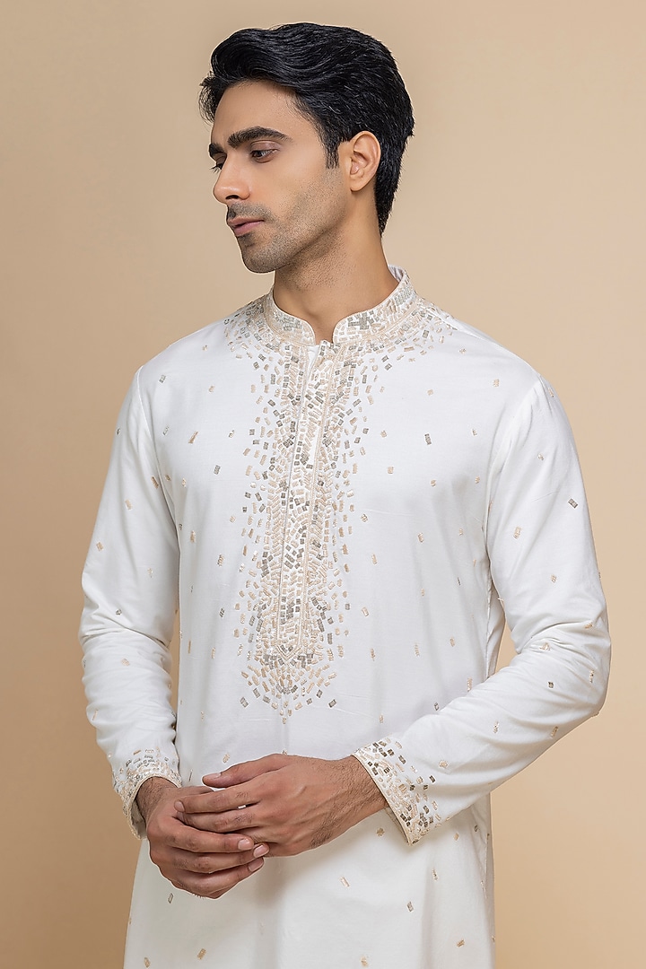Pearl White Cotton Tonal Embroidered Kurta Set by Dolly J MAN at Pernia's Pop Up Shop