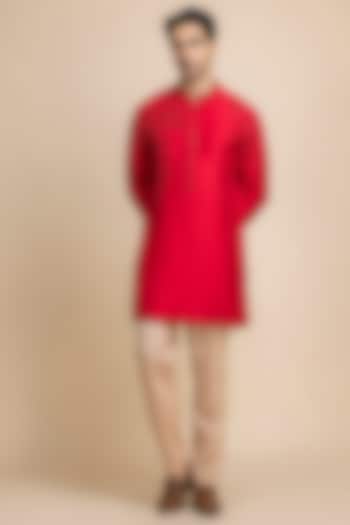 Red Raw Silk Tonal Embroidered Kurta Set by Dolly J MAN at Pernia's Pop Up Shop