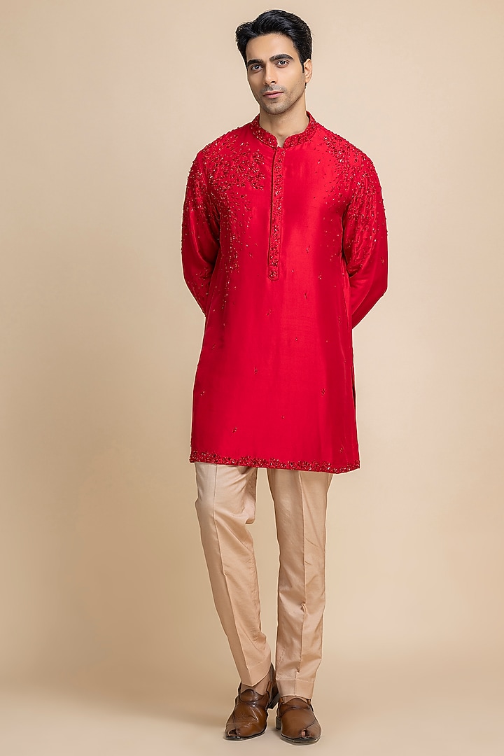 Red Raw Silk Tonal Embroidered Kurta Set by Dolly J MAN at Pernia's Pop Up Shop