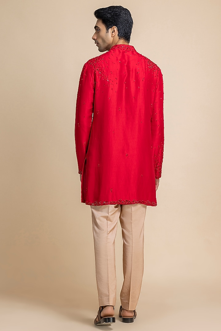 Red Raw Silk Tonal Embroidered Kurta Set by Dolly J MAN at Pernia's Pop Up Shop