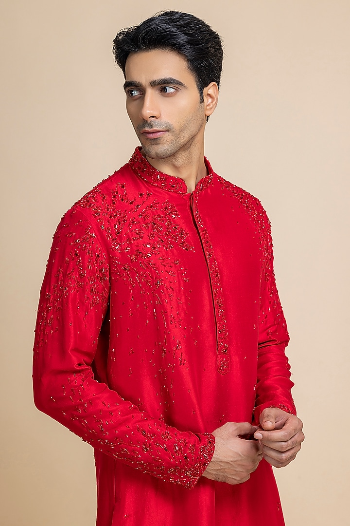 Red Raw Silk Tonal Embroidered Kurta Set by Dolly J MAN at Pernia's Pop Up Shop