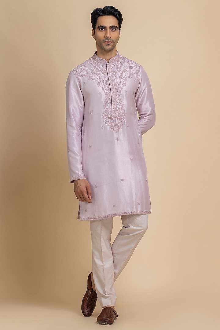 Lavender Raw Silk Tonal Embroidered Kurta Set by Dolly J MAN at Pernia's Pop Up Shop