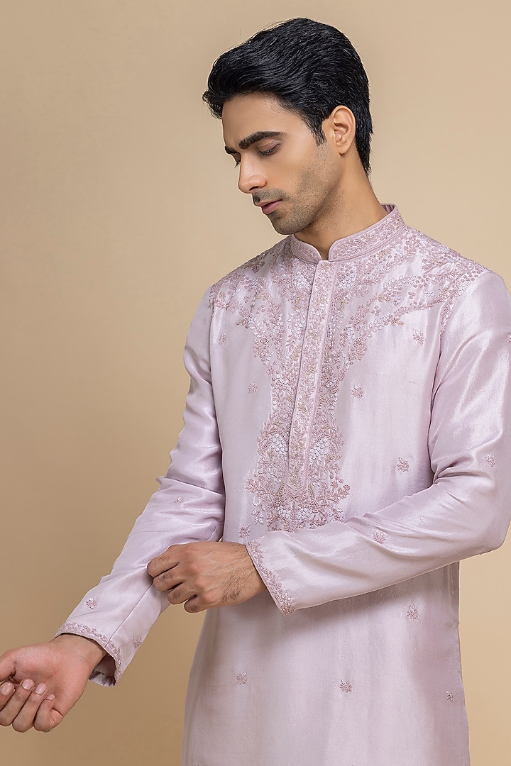 Lavender Raw Silk Tonal Embroidered Kurta Set by Dolly J MAN at Pernia's Pop Up Shop