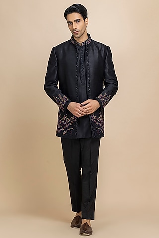 Black Raw Silk Open Jacket Set by Dolly J MAN