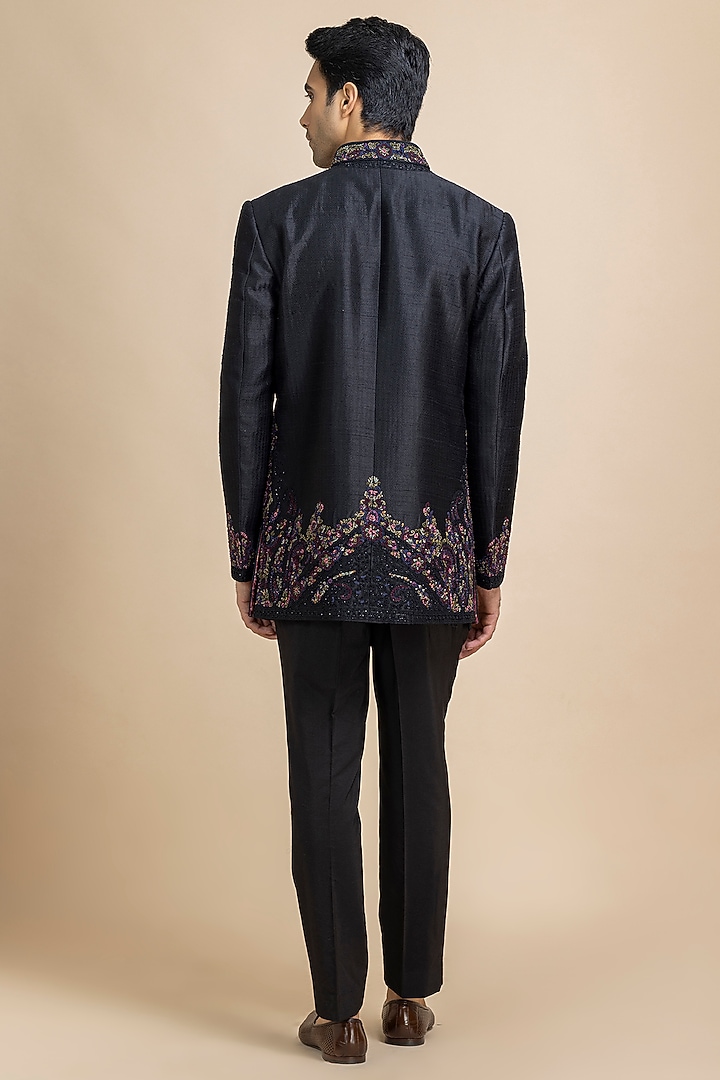 Black Raw Silk Open Jacket Set by Dolly J MAN at Pernia's Pop Up Shop