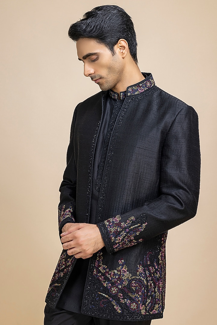 Black Raw Silk Open Jacket Set by Dolly J MAN at Pernia's Pop Up Shop