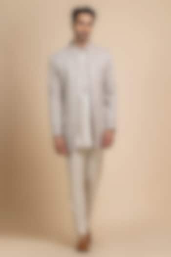 Silver-Ivory Raw Silk Hand Embroidered Open Jacket Set by Dolly J MAN at Pernia's Pop Up Shop