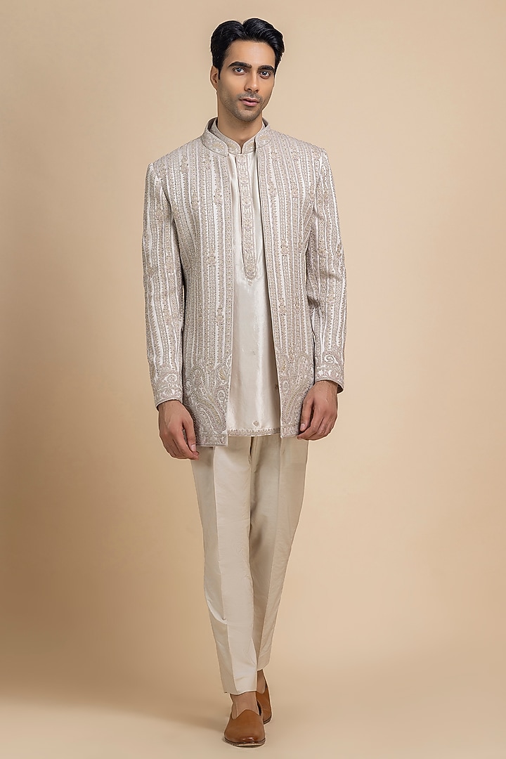 Silver-Ivory Raw Silk Hand Embroidered Open Jacket Set by Dolly J MAN at Pernia's Pop Up Shop