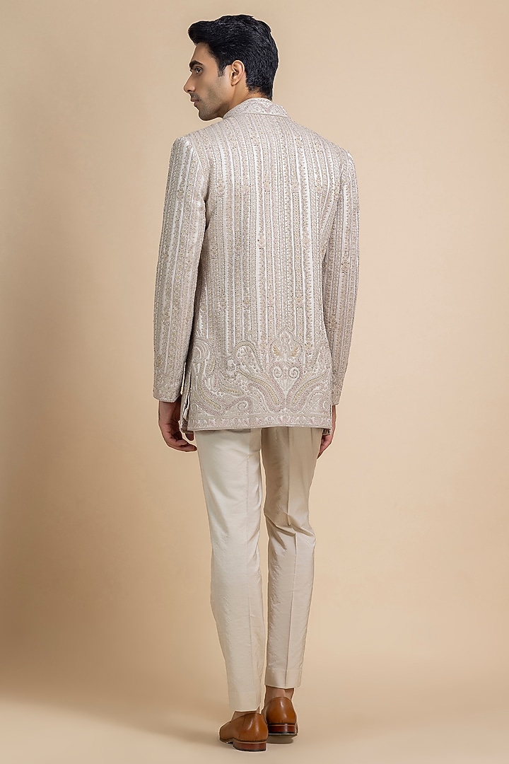 Silver-Ivory Raw Silk Hand Embroidered Open Jacket Set by Dolly J MAN at Pernia's Pop Up Shop