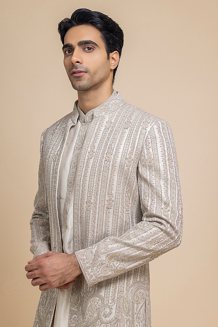 Silver-Ivory Raw Silk Hand Embroidered Open Jacket Set by Dolly J MAN at Pernia's Pop Up Shop
