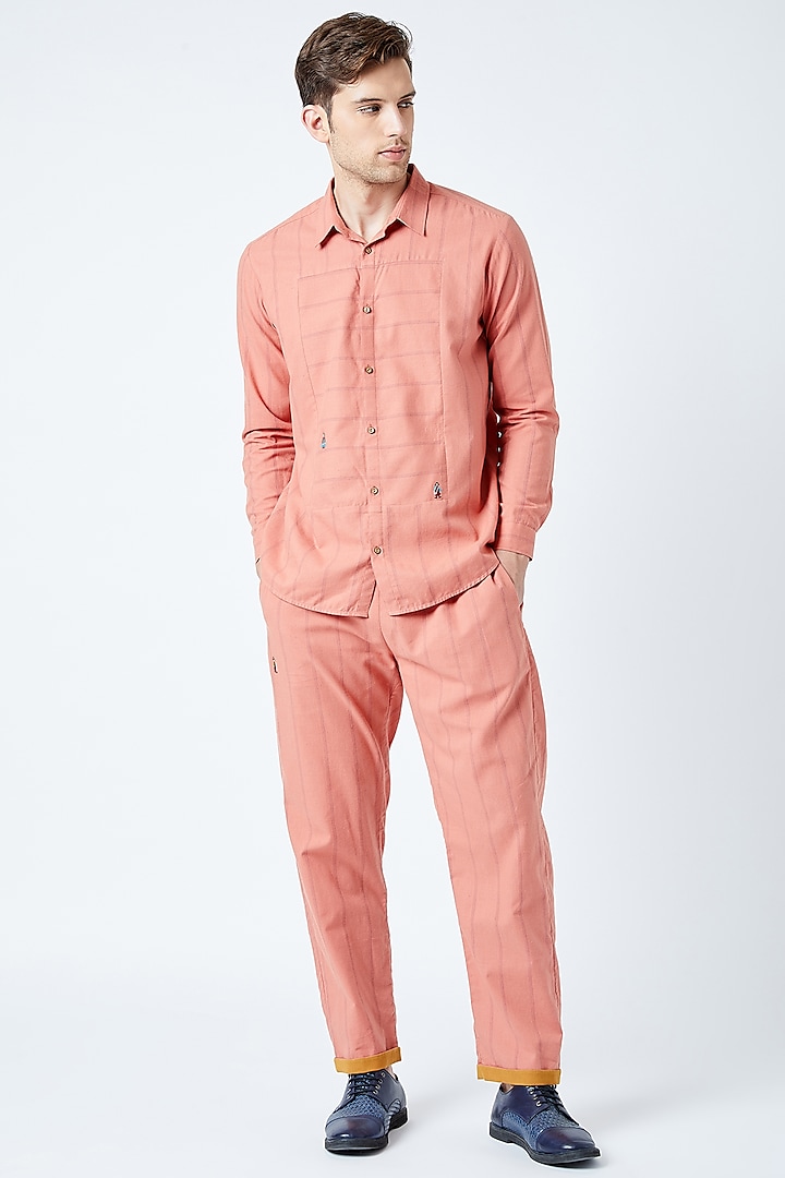 Peach Printed & Embroidered Shirt by Doodlage Men