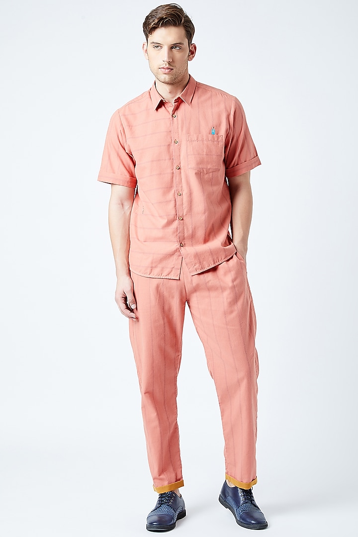 Peach Printed Embroidered Shirt by Doodlage Men