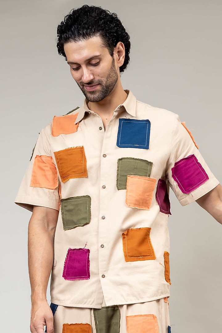 Beige Upcycled Cotton Party Wear Shirt by Doodlage Men at Pernia's Pop Up Shop
