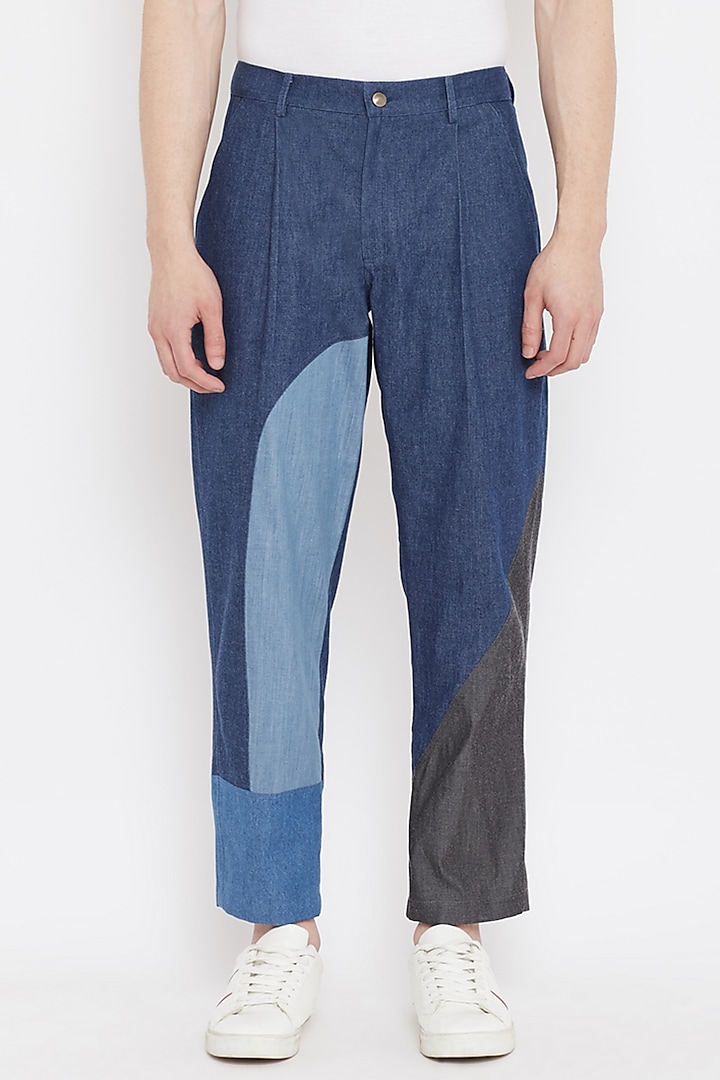Cobalt Blue Upcycled Cotton Patch Work Pants by Doodlage Men at Pernia's Pop Up Shop