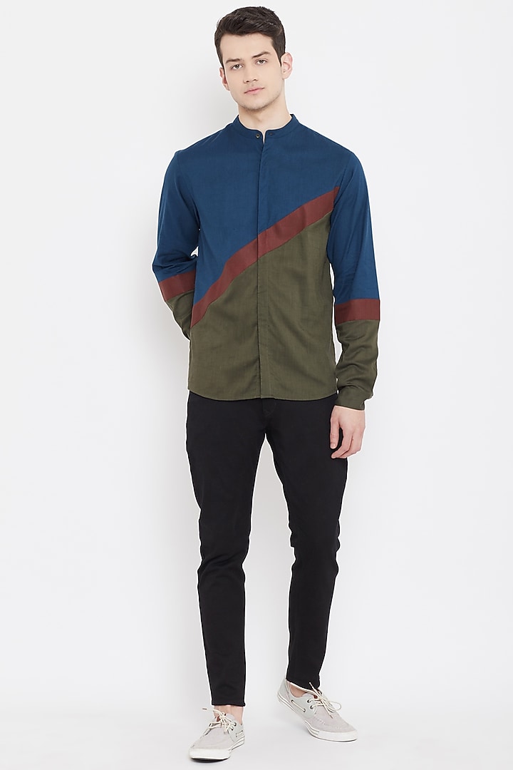 Cobalt Blue & Green Button Down Party Wear Shirt by Doodlage Men at Pernia's Pop Up Shop