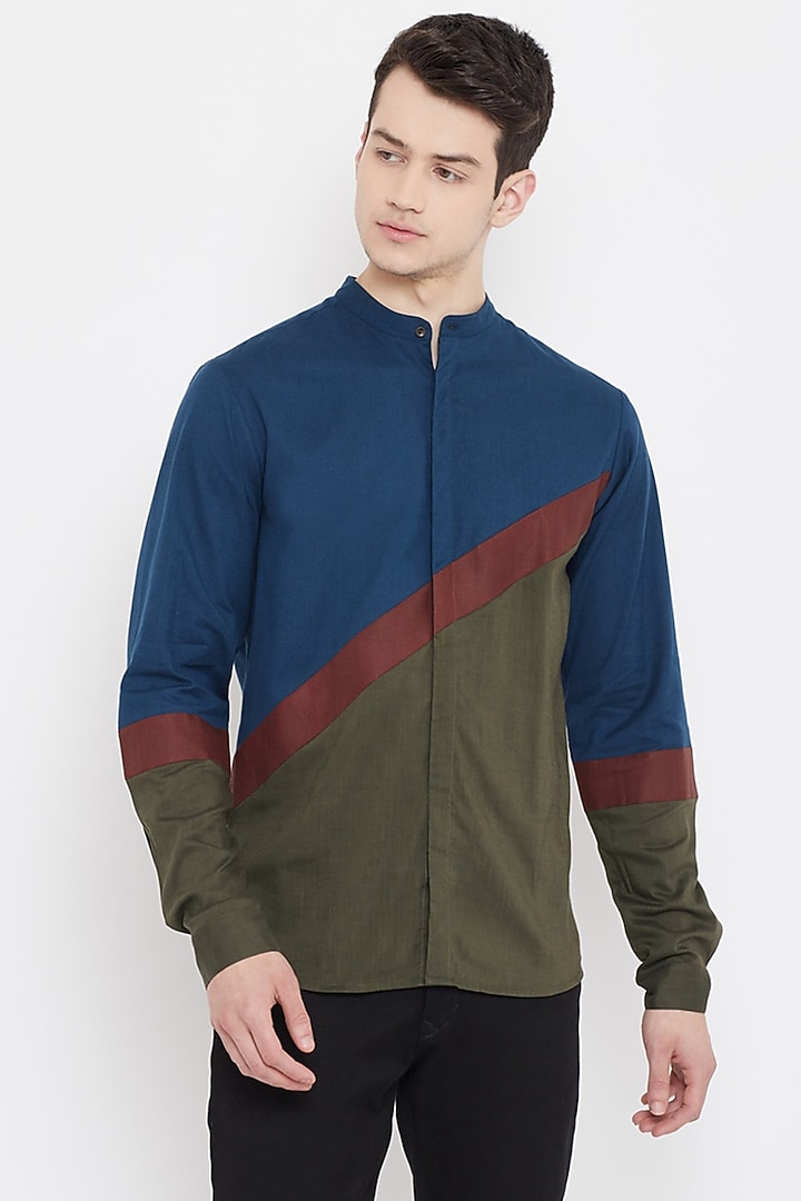 Cobalt Blue & Green Button Down Party Wear Shirt by Doodlage Men at Pernia's Pop Up Shop