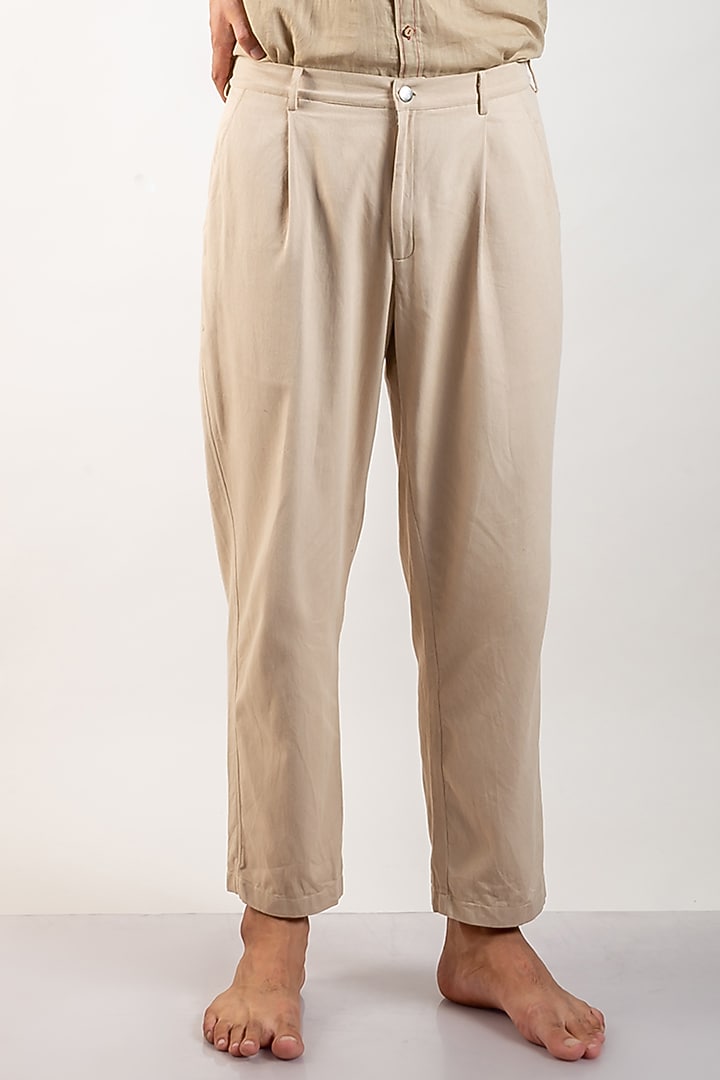 Beige Upcycled Cotton Pleated Pants by Doodlage Men at Pernia's Pop Up Shop