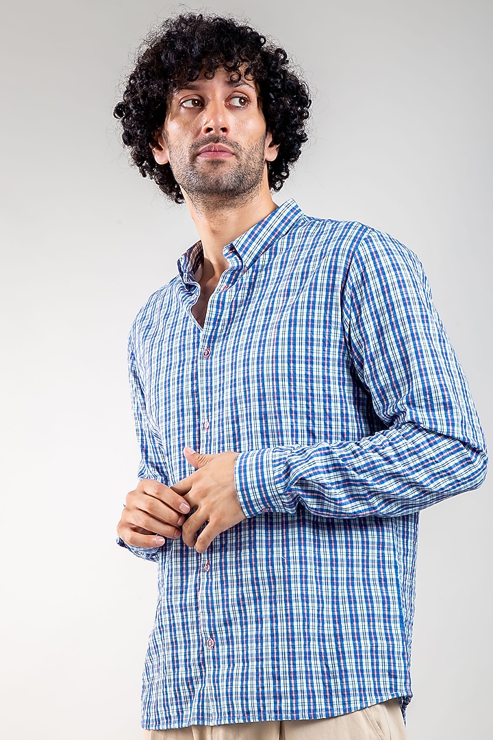Blue Upcycled Cotton Summer Shirt by Doodlage Men at Pernia's Pop Up Shop