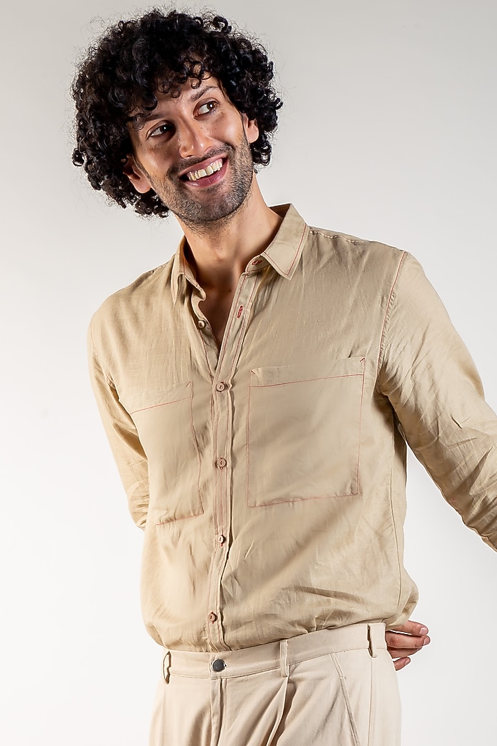 Beige Upcycled Cotton Summer Shirt by Doodlage Men at Pernia's Pop Up Shop