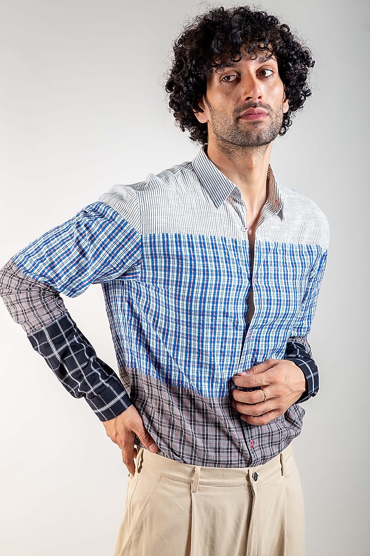 Multi-Coloured Upcycled Cotton Panelled Summer Shirt by Doodlage Men at Pernia's Pop Up Shop
