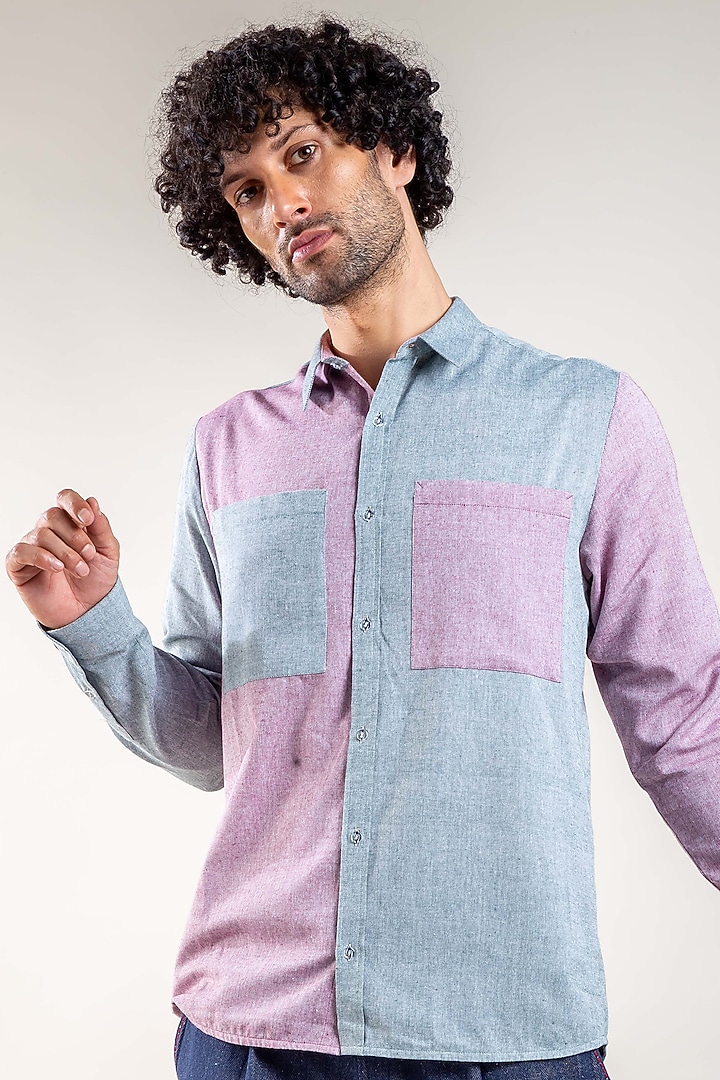 Powder Blue & Lilac Upcycled Cotton Party Wear Shirt by Doodlage Men at Pernia's Pop Up Shop