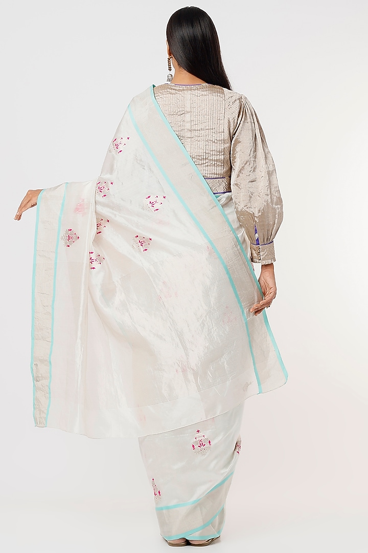 White Chanderi Floral Handloom Party Wear Saree by Delhi Vintage at Pernia's Pop Up Shop