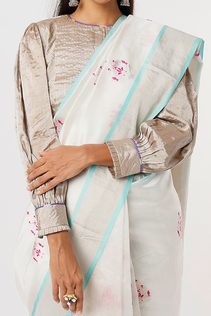 White Chanderi Floral Handloom Party Wear Saree by Delhi Vintage at Pernia's Pop Up Shop