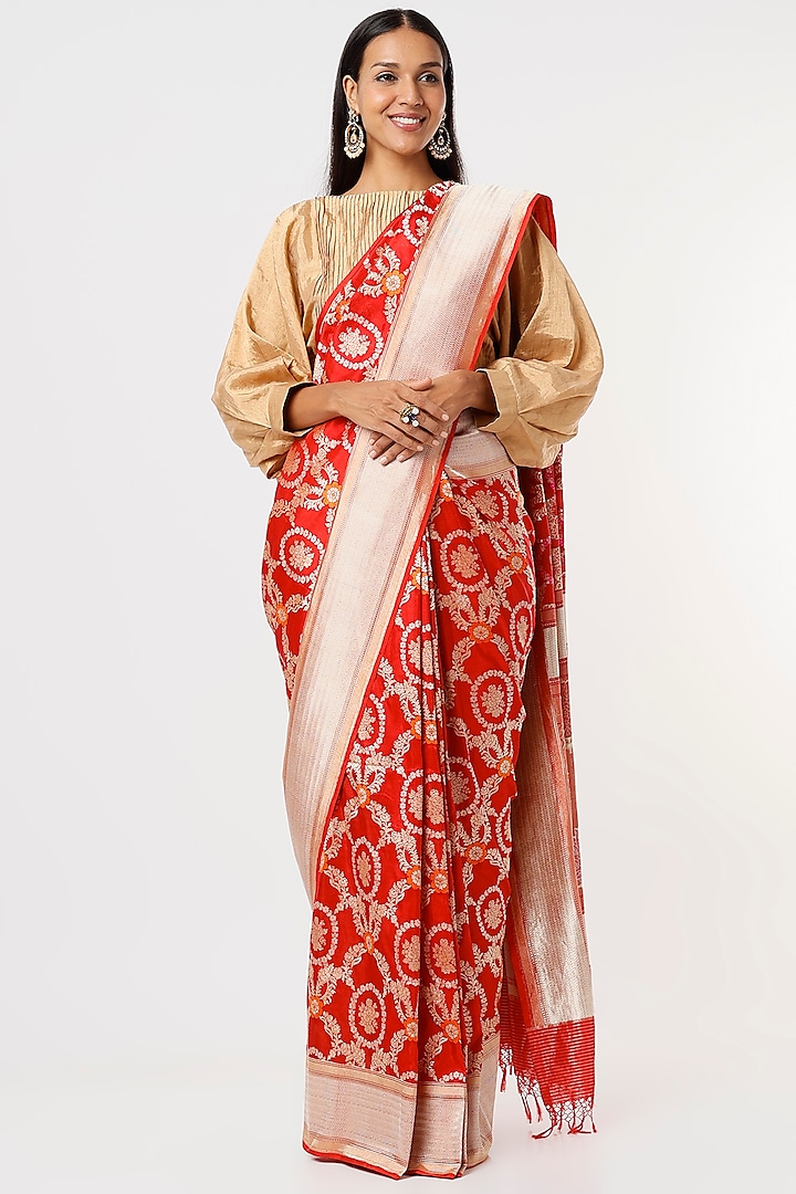 Red Banarasi Silk Jaal Work Handwoven Saree by Delhi Vintage