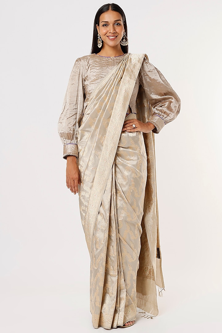 Beige Banarasi Silk Saree by Delhi Vintage