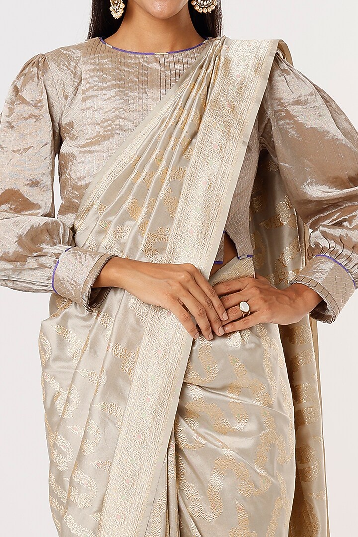 Beige Banarasi Silk Reception Saree by Delhi Vintage at Pernia's Pop Up Shop