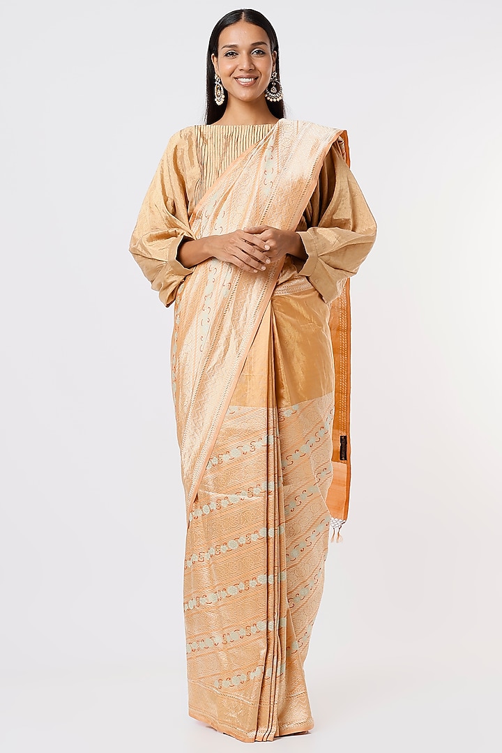 Peach Banarasi Silk Jaal Work Handloom Saree by Delhi Vintage at Pernia's Pop Up Shop