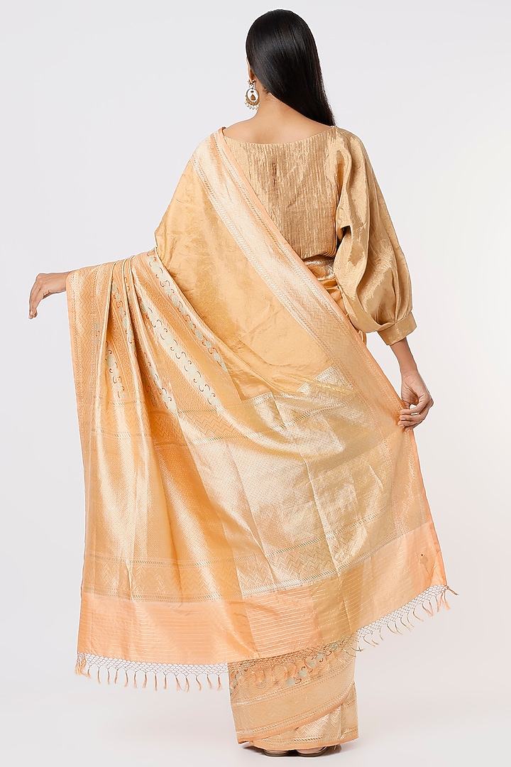 Peach Banarasi Silk Jaal Work Handloom Reception Saree by Delhi Vintage at Pernia's Pop Up Shop