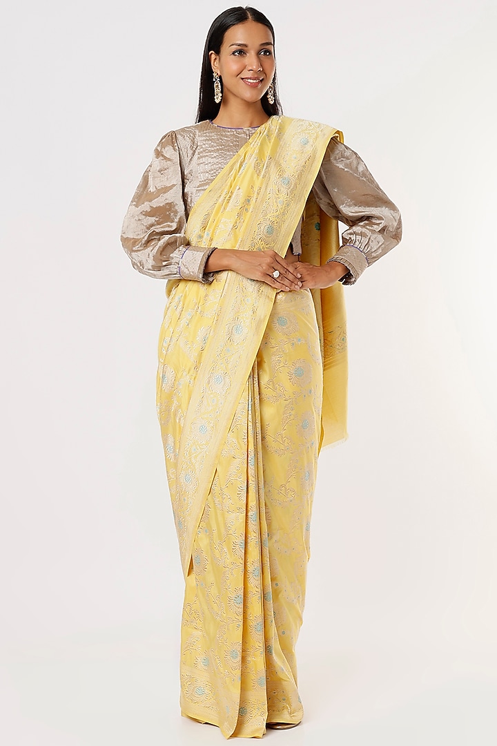 Yellow Banarasi Silk Saree by Delhi Vintage
