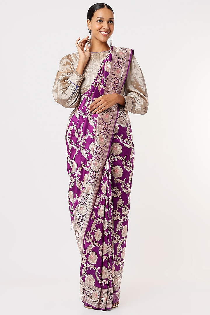Rich Purple Banarasi Silk Jaal Work Saree by Delhi Vintage