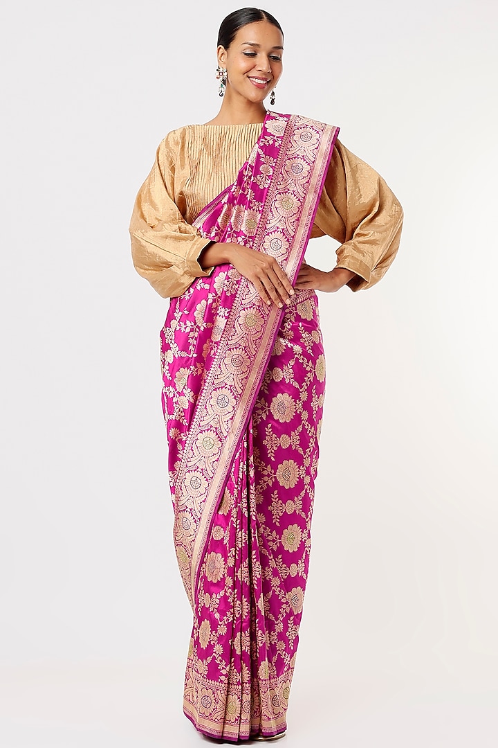 Rani Pink Banarasi Silk Jaal Work Saree by Delhi Vintage